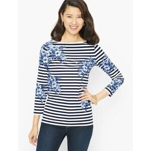 Talbots Women’s Cotton Bateau Neck Tee Toile Floral Striped Size Medium